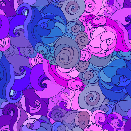Blue and green sky. Vector color abstract hand-drawn pattern with waves and clouds. Design for wrapping paper, wallpaper, fabrics and fashion clothes.のイラスト素材