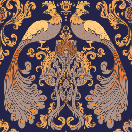 Floral vintage seamless pattern wit birds for retro wallpapers. Enchanted Vintage Flowers. Arts and Crafts movement inspired. Design for wrapping paper, wallpaper, fabrics and fashion clothes.のイラスト素材