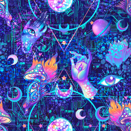 Psychedelic seamless pattern: trippy mushrooms, peace sign, acid Buddha, butterflies, all-seeing eye, mandala. Background with stoned trippy drug elements in cartoon comic style.のイラスト素材