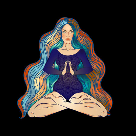 Beautiful Girl sitting in lotus position over ornate colorful neon background. Vector illustration. Psychedelic composition. Buddhism esoteric motifs. Tattoo, spiritual yoga.のイラスト素材