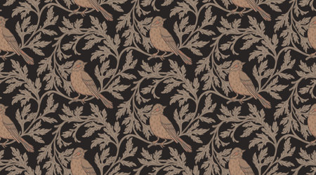 Vintage style seamless pattern with Floral wreath and birds for retro wallpapers. Enchanted Vintage Flowers. Arts and Crafts movement inspired. Design for wrapping paper, wallpaper, fabrics and fashion clothes.のイラスト素材