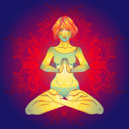 Beautiful Girl sitting in lotus position over ornate colorful neon background. Vector illustration. Psychedelic composition. Buddhism esoteric motifs. Tattoo, spiritual yoga.のイラスト素材