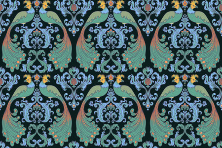 Floral vintage seamless pattern wit birds for retro wallpapers. Enchanted Vintage Flowers. Arts and Crafts movement inspired. Design for wrapping paper, wallpaper, fabrics and fashion clothes.のイラスト素材