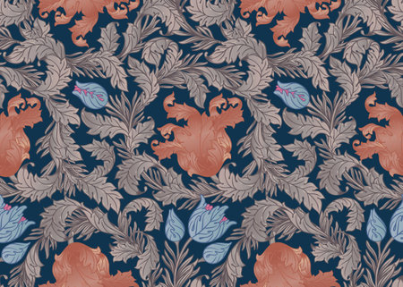 Floral vintage seamless pattern for retro wallpapers, textiles, designs. Enchanted Vintage Flowers. Arts and Crafts movement inspired.のイラスト素材