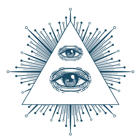 Blackwork tattoo flash. Eye of Providence. Masonic symbol. All seeing eye inside triangle pyramid. New World Order. Sacred geometry, religion, spirituality, occultism. Isolated vector illustrationのイラスト素材