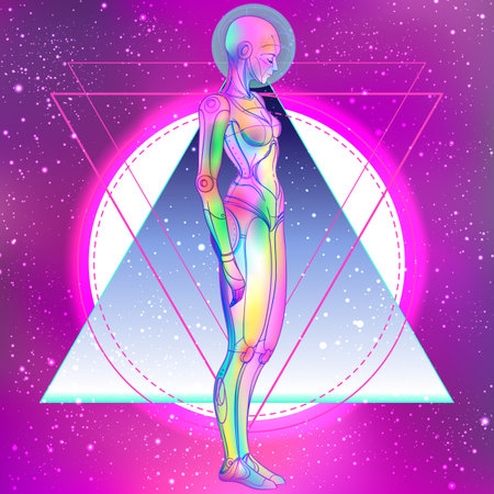 Portrait of robot android woman in retro futurism style. Vector illustration . of a cyborg in glowing neon bright colors. futuristic synth wave flyer template. Cyber technology.のイラスト素材
