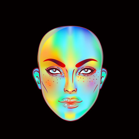 Portrait of robot android woman in retro futurism style. Vector illustration of a cyborg in glowing neon bright colors. futuristic synth wave flyer template. Cyber technology.のイラスト素材
