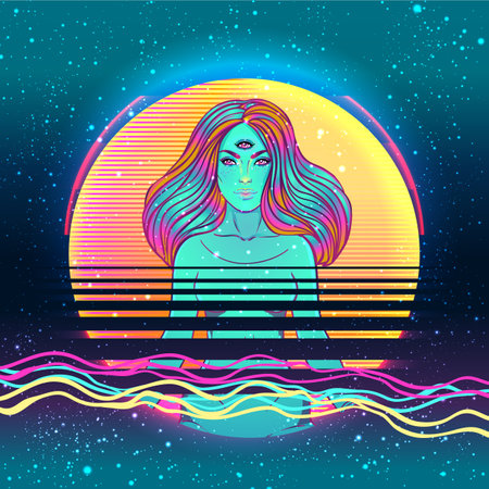 Beautiful Girl sitting in lotus position over ornate colorful neon background. Vector illustration. Psychedelic composition. Buddhism esoteric motifs. Tattoo, spiritual yoga.のイラスト素材