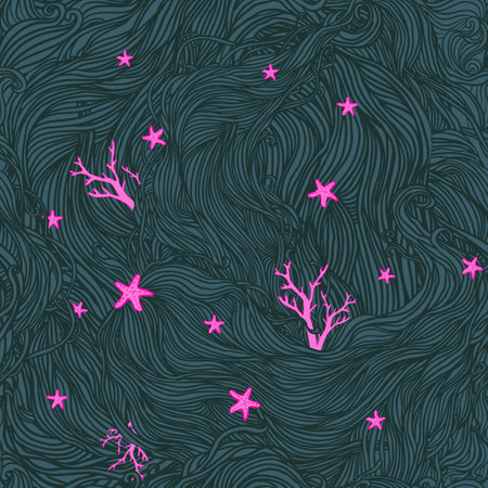 Abstract color hand-drawn pattern, waves and corals background. Seamless pattern can be used for wallpaper, pattern fills, web page background, surface textures.のイラスト素材