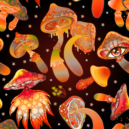 Magic mushrooms. Psychedelic hallucination. Vibrant vector illustration. 60s hippie colorful background, hippie and boho texture. Ttrippy wallpaper.のイラスト素材