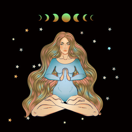 Beautiful Girl sitting in lotus position over ornate colorful neon background. Vector illustration. Psychedelic composition. Buddhism esoteric motifs. Tattoo, spiritual yoga.のイラスト素材