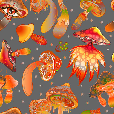 Magic mushrooms. Psychedelic hallucination. Vibrant vector illustration. 60s hippie colorful background, hippie and boho texture. Ttrippy wallpaper.のイラスト素材