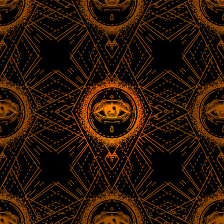 Sacred geometry seamless pattern with all seeing eye isolated on white. Mystic, alchemy, occult. Design for indie music album cover, t-shirt print, boho poster, flyer. Astrology, shamanism, religion.のイラスト素材