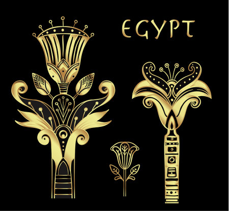 Egyptian floral design element set in gold isolated on white. Art deco style. Lotus flower, vector sign, symbol, logo illustration. Spirituality, occultism, chemistry, flower tattoo.のイラスト素材