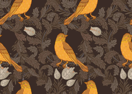 Vintage style seamless pattern with Floral wreath and birds for retro wallpapers. Enchanted Vintage Flowers. Arts and Crafts movement inspired. Design for wrapping paper, wallpaper, fabrics and fashion clothes.のイラスト素材