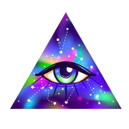 Galaxy in your eyes. Vector bright colorful cosmos background. Magic fairy face, nebula make up with a stars. Hand-drawn Eye of Providence. Alchemy, religion, spirituality, occultism.のイラスト素材