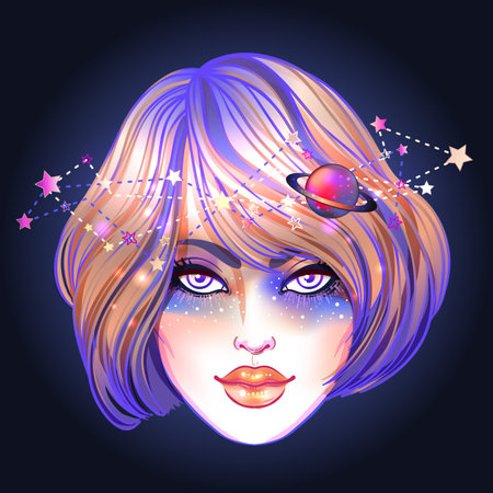 Cute teen girl with galaxy make up, dyed purple hair and stars, constellations. Art nouveau and kawaii gothic inspired. Hipster, pastel goth, vibrant colors. Vector zodiac illustration.のイラスト素材
