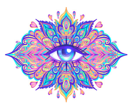 Sacred geometry symbol with all seeing eye over in acid colors. Mystic, alchemy, occult concept. Design for indie music cover, t-shirt print, psychedelic poster, flyer. Astrology, esoteric, religion.のイラスト素材