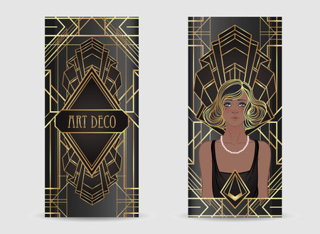 Retro fashion, glamour girl of twenties. African American woman. Vector illustration. Flapper 20s style. Vintage party invitation design template. Fancy black lady.のイラスト素材