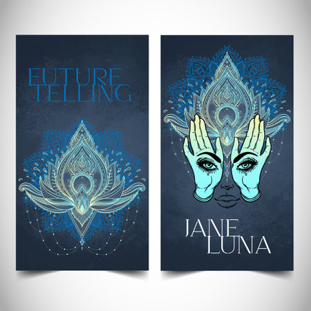 Fortune teller, human design, spiritual coach, mystic healer business card design template. Vector illustration. Magic.のイラスト素材