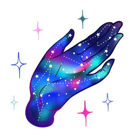 Open hand with the all-seeing eye on the palm. Occult design vector illustration. Dotwork ink tattoo flash design. Vector illustration isolated on white. Astrology, Sacred Spirit. Masonic sign.のイラスト素材