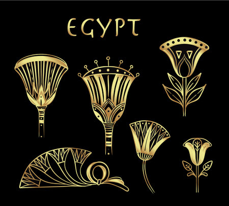 Egyptian floral design element set in gold isolated on white. Art deco style. Lotus flower, vector sign, symbol, logo illustration. Spirituality, occultism, chemistry, flower tattoo.のイラスト素材