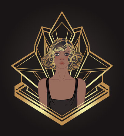 Retro fashion, glamour girl of twenties. African American woman. Vector illustration. Flapper 20s style. Vintage party invitation design template. Fancy black lady.のイラスト素材