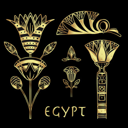 Egyptian floral design element set in gold isolated on white. Art deco style. Lotus flower, vector sign, symbol, logo illustration. Spirituality, occultism, chemistry, flower tattoo.のイラスト素材