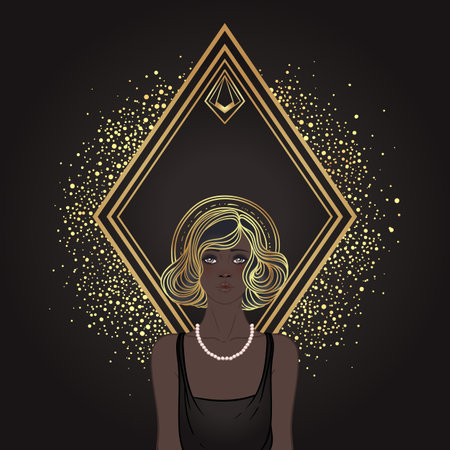 Retro fashion, glamour girl of twenties. African American woman. Vector illustration. Flapper 20s style. Vintage party invitation design template. Fancy black lady.のイラスト素材