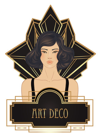 Retro fashion, glamour girl of twenties. Asian pretty woman. Vector illustration. Flapper 20s style. Vintage party invitation design template. Fancy asian lady.のイラスト素材