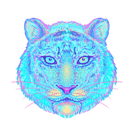 Patterned ornate tiger head. African, Indian, totem, tattoo, sticker design. Design of t-shirt, bag, postcard and posters. Vector isolated illustration in bright neon colors.のイラスト素材