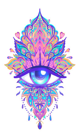 Sacred geometry symbol with all seeing eye over in acid colors. Mystic, alchemy, occult concept. Design for indie music cover, t-shirt print, psychedelic poster, flyer. Astrology, esoteric, religion.のイラスト素材