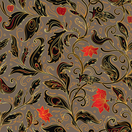 Seamless pattern with fantasy flowers, natural wallpaper, floral decoration curl illustration. Paisley print hand drawn elements. Home decor.のイラスト素材
