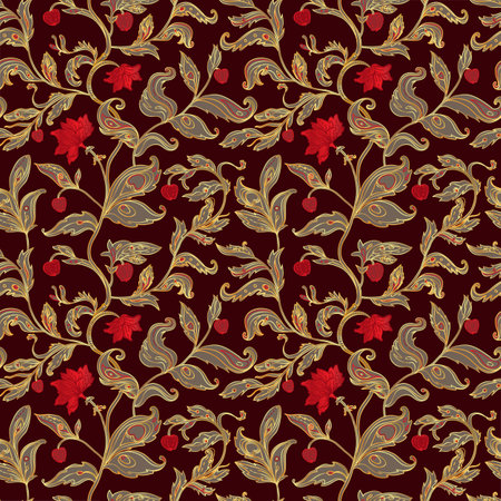 Seamless pattern with fantasy flowers, natural wallpaper, floral decoration curl illustration. Paisley print hand drawn elements. Home decor.のイラスト素材