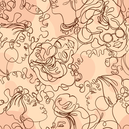 Abstract seamless pattern in modern simple style. Female faces. One line drawing. Design for wrapping paper, wallpaper, fabrics and fashion clothes.のイラスト素材