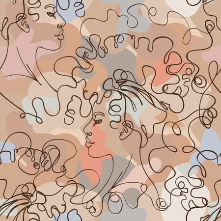 Abstract seamless pattern in modern simple style. Female faces. One line drawing. Design for wrapping paper, wallpaper, fabrics and fashion clothes.のイラスト素材