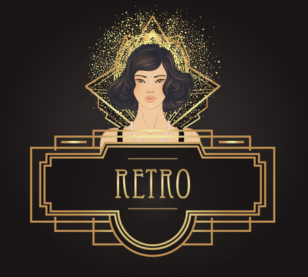 Retro fashion, glamour girl of twenties. Asian pretty woman. Vector illustration. Flapper 20s style. Vintage party invitation design template. Fancy asian lady.のイラスト素材