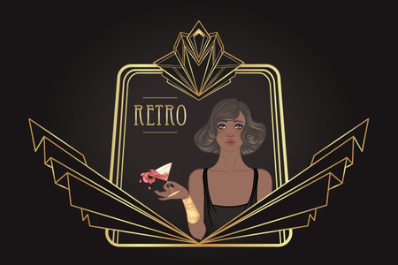 Retro fashion, glamour girl of twenties. African American woman. Vector illustration. Flapper 20s style. Vintage party invitation design template. Fancy black lady.のイラスト素材