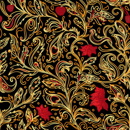 Seamless pattern with fantasy flowers, natural wallpaper, floral decoration curl illustration. Paisley print hand drawn elements. Home decor.のイラスト素材