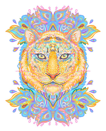 Patterned ornate tiger head. African, Indian, totem, tattoo, sticker design. Design of t-shirt, bag, postcard and posters. Vector isolated illustration in bright neon colors.のイラスト素材