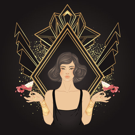 Retro fashion, glamour girl of twenties. Asian pretty woman. Vector illustration. Flapper 20s style. Vintage party invitation design template. Fancy asian lady.のイラスト素材
