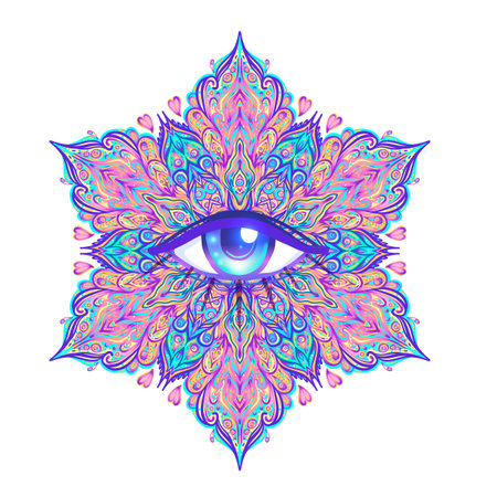 Sacred geometry symbol with all seeing eye over in acid colors. Mystic, alchemy, occult concept. Design for indie music cover, t-shirt print, psychedelic poster, flyer. Astrology, esoteric, religion.のイラスト素材