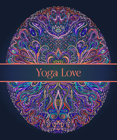 Stretch and Strength. Yoga card, flyer, poster, mat design. Colorful template for spiritual retreat or yoga studio. Ornamental business cards, oriental pattern. Vector illustrationのイラスト素材