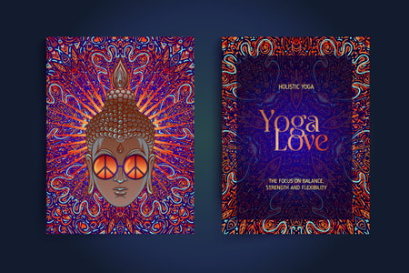 Stretch and Strength. Yoga card, flyer, poster, mat design. Colorful template for spiritual retreat or yoga studio. Ornamental business cards, oriental pattern. Vector illustrationのイラスト素材