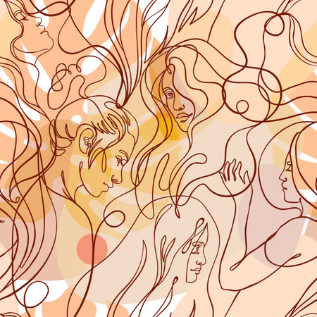 Abstract seamless pattern in modern simple style. Female faces. One line drawing. Design for wrapping paper, wallpaper, fabrics and fashion clothes.のイラスト素材