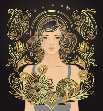 Retro fashion, glamour girl of twenties. Asian pretty woman. Vector illustration. Flapper 20s style. Vintage party invitation design template. Fancy asian lady.のイラスト素材