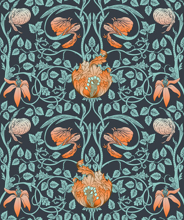 Floral vintage seamless pattern for retro wallpapers. Enchanted Vintage Flowers. Arts and Crafts movement inspired. Design for wrapping paper, wallpaper, fabrics and fashion clothes.のイラスト素材