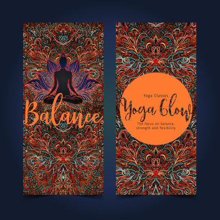 Stretch and Strength. Yoga card, flyer, poster, mat design. Colorful template for spiritual retreat or yoga studio. Ornamental business cards, oriental pattern. Vector illustrationのイラスト素材