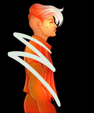 Portrait of a young pretty androgynous woman with short shaved pixie undercut in retro futurism style. Vector illustration in neon bright colors. Dyed short hair. futuristic synth wave flyer templateのイラスト素材