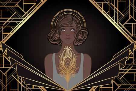 Retro fashion, glamour girl of twenties. African American woman. Vector illustration. Flapper 20s style. Vintage party invitation design template. Fancy black lady.のイラスト素材